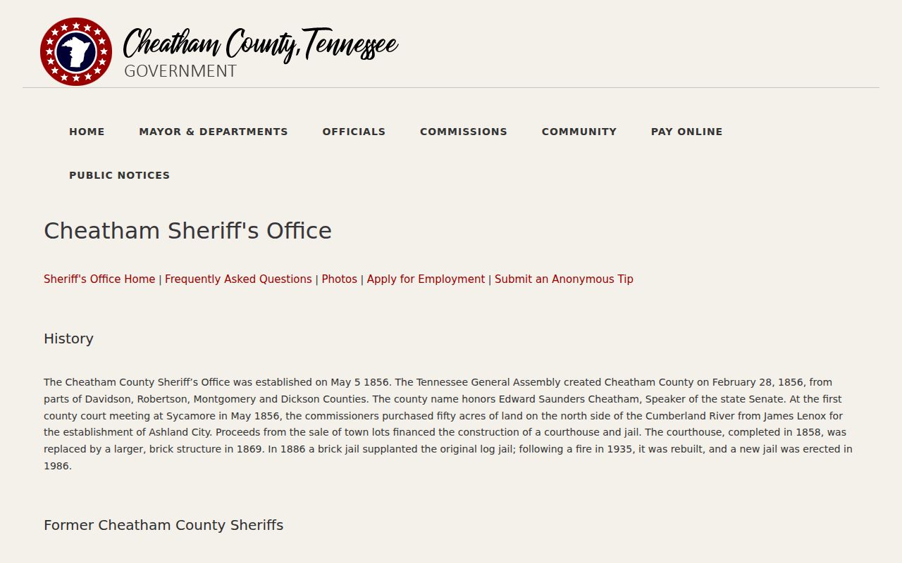 Cheatham County arrest history and Sheriff's Office history